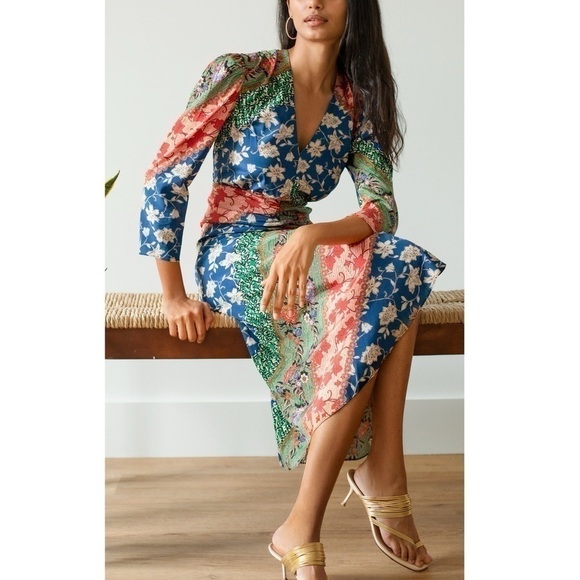 NWOT Veronica Beard Midi Silk-Blend Ruched Floral Mary Long-Sleeve Dress - Picture 5 of 8
